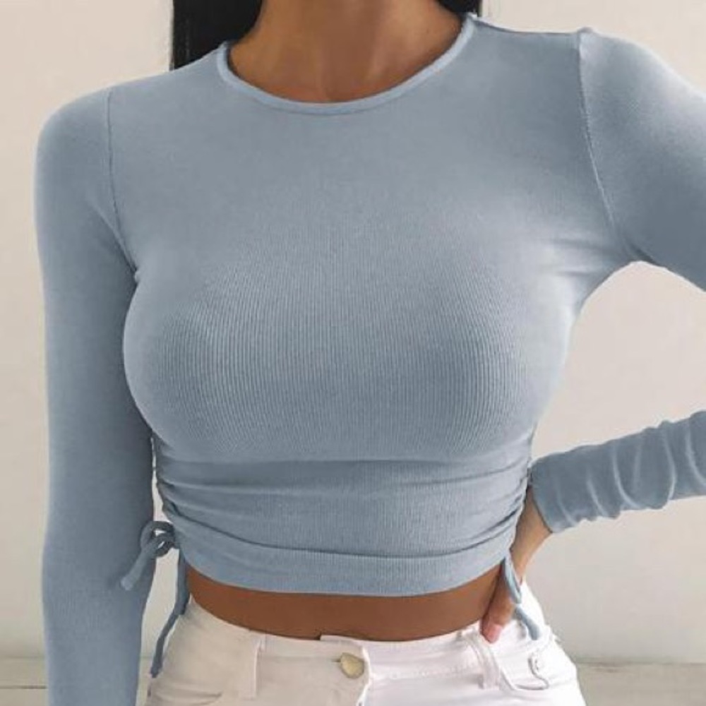 NWT Light Blue Long Sleeve Crop Top Ruched Sided